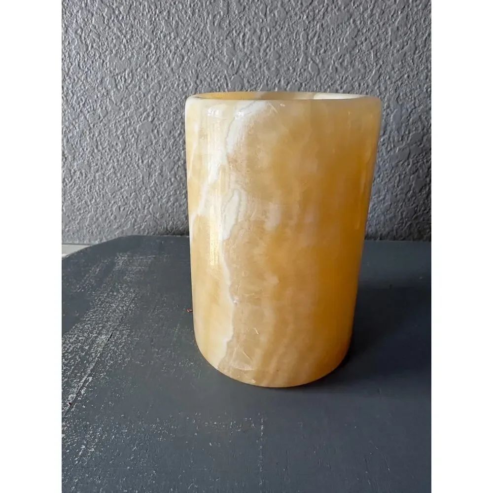Vintage Banded Stone Candle Votive Holder Honey Yellow Alabaster Onyx 4.5”